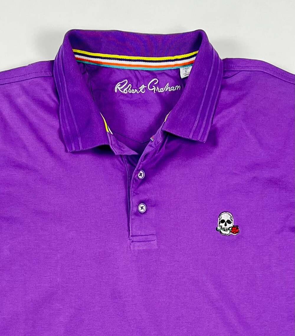 Robert Graham Purple Classic Fit Polo Shirt with Skull Rose Embroidery Size L